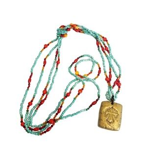 Sookie Sookie Long Beaded Strand Necklace & Pendant Signed Turquoise Blue Artist